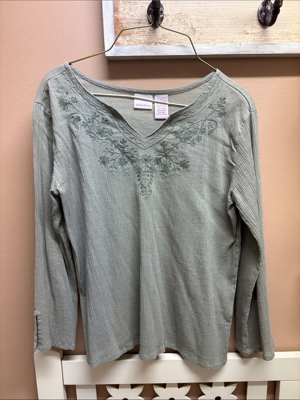 Exhilaration Sage Embroidered V-Neck Long Sleeve shirt.